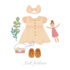 Kids fashion. Girl dress with shoes, doll and decor. Element of wardrobe decorations. Baby clothes. Cartoon vector illustration 