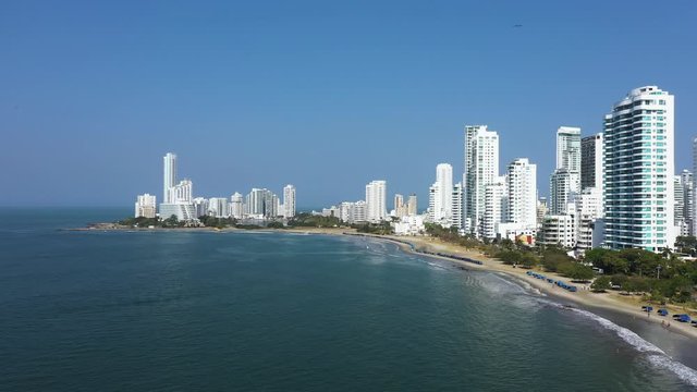 Aerial view of the Caribbean coast in a modern tourist area of Cartagena, Colombia