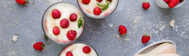 Banner of Tiramisu with raspberry in glasses