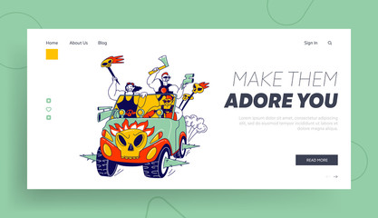 Obraz na płótnie Canvas Cosplayer Festival, Subculture Landing Page Template. Male Characters in Cosplay Costumes Holding Skulls, Guns and Ax Riding Car with Spikes on Wheels and Decoration. Linear People Vector Illustration