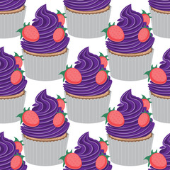 Seamless cupcake pattern with strawberries on a white background. Vector image