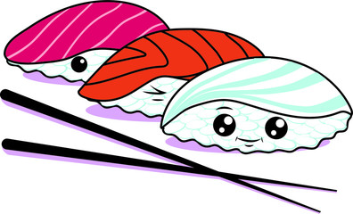 Cute characters: Sushi, Sashimi and Rolls with eyes and smile. Roll with vegetables, salmon and roe. Set of hand drawn japanese food illustrations art in cartoon, doodle style
