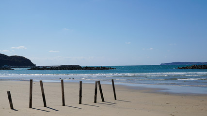 Fototapeta na wymiar 海岸に並ぶ杭と海と空