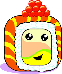 
Vector illustration. Sushi with fish, red caviar, cheese and herbs. With eyes and a smile. Japanese food art in cartoon doodle style.