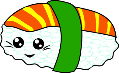 
Vector illustration of sushi, rice, fish, herbs. With eyes and a smile. Japanese food art in cartoon doodle style. Baby sushi menu.