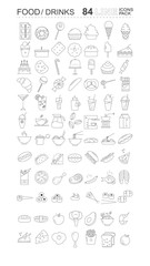 Pack of food and drinks icons. Sweets, bread, coffee, meat, fish and vegetables