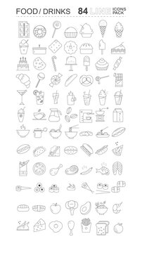 Pack of food and drinks icons. Sweets, bread, coffee, meat, fish and vegetables