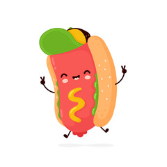 Cute happy smiling hot dog. Vector 