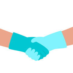 Shake hands in protective gloves. Conclusion of an agreement in pandemic, disease. Vector illustration