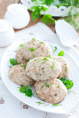 Dietary turkey cutlets steamed with fresh herbs, selective focus
