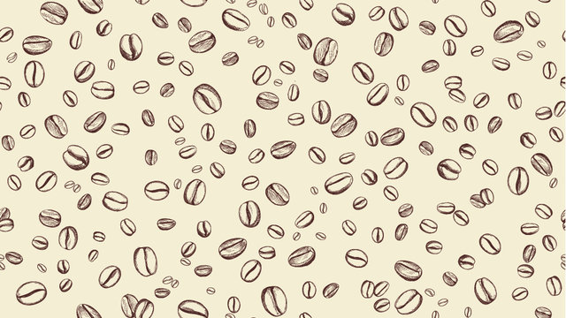 Coffee bean seamless background. Pattern with falling coffee beans. Food doodle sketch backdrop