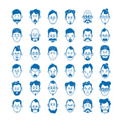 Linear men, with beards and mustaches with glasses and bald. Character concept avatar and emoji. Vector illustration of blue icons in flat line style
