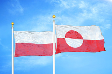 Poland and Greenland two flags on flagpoles and blue cloudy sky