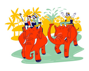 Male and Female Characters Riding on Elephants during Summertime Vacation in Tropical Country. Happy People Tourists Making Selfie. Holidays in Thailand or Indonesia. Linear Vector Illustration