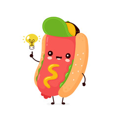 Cute happy smiling hot dog with light bulb