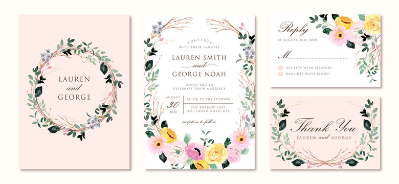 wedding invitation set with yellow pink floral watercolor - Powered by Adobe