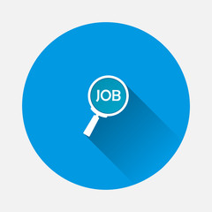 Job find search vector icon on blue background. Flat image with long shadow.