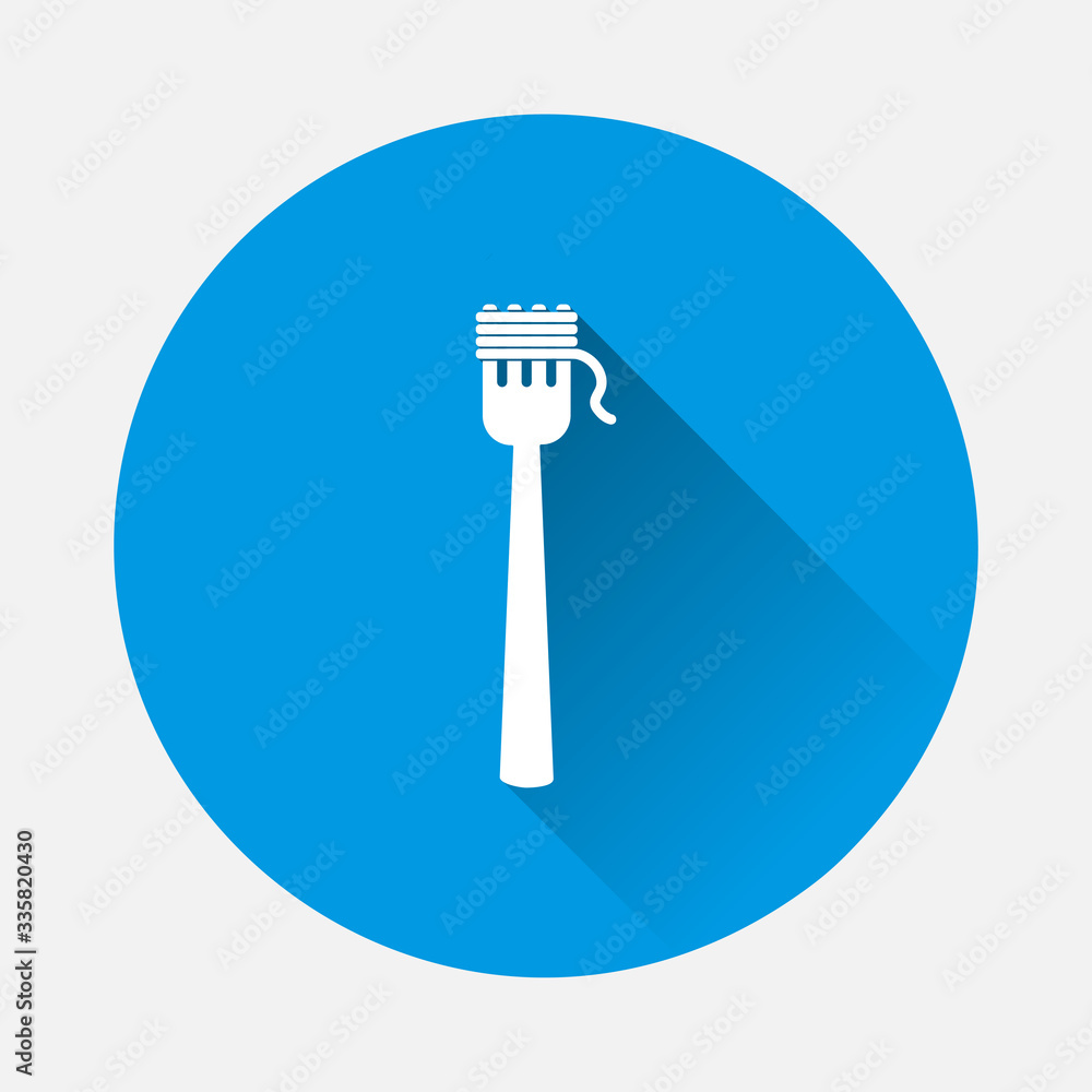 Poster vector fork and spaghetti icon on blue background. flat image with long shadow.
