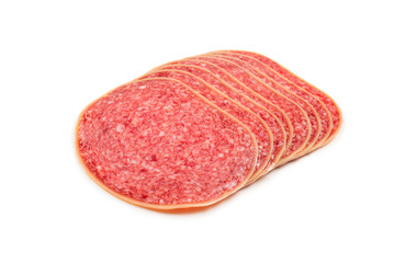 Salami slices isolated on white background.