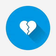 Broken heart vector icon on blue background. Flat image with long shadow.
