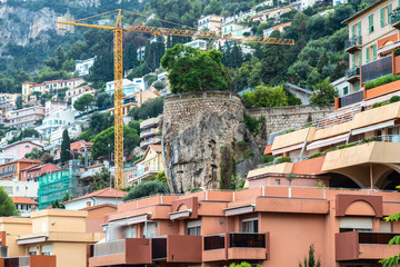 View of the perched fortified medieval village overlooking Roquebrune-Cap-Martin and the Mediterranean Sea on the French Riviera