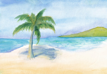 A sunny day, a turquoise sea, white sand, a palm tree casting a shadow on the sand are painted with watercolors, and a green mountain surrounding the bay is visible in the distance. Watercolor drawing