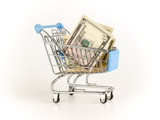 Dollars are in a small shopping cart. Finance savings concept.
