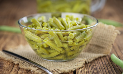Preserved Green Beans (selective focus; close-up shot)