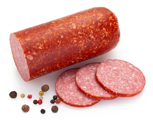 Salami smoked sausage on white background