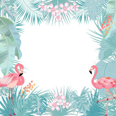 Fototapeta na wymiar Vector tropical jungle frame with flamingo, palm trees, flowers and leaves on white background