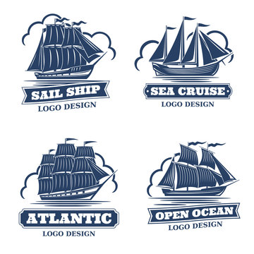 Set of 4 lofo with retro ships, monochrome, isolated