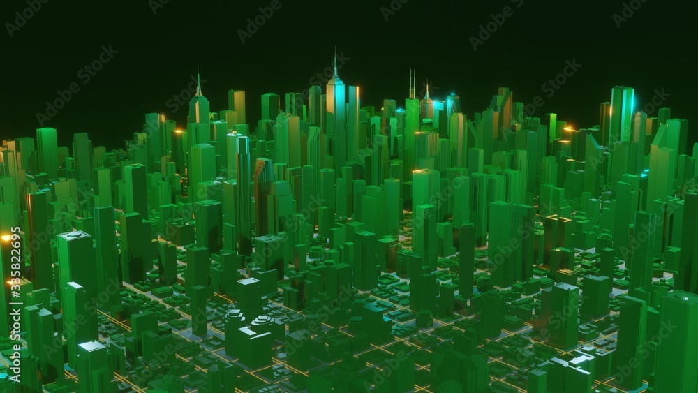 Poster digital abstract city made of glowing line light. business skyscrapers. architectural technology str