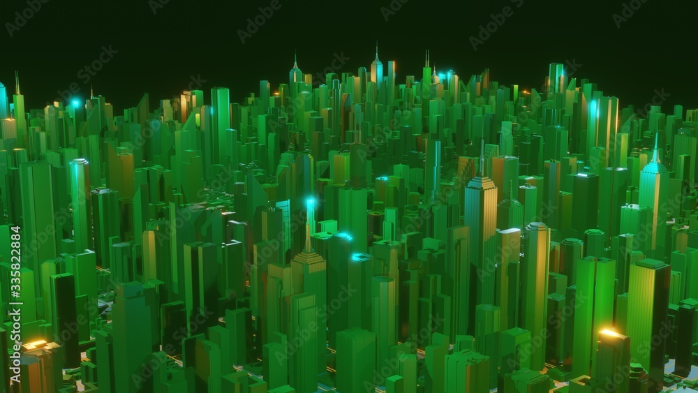 Poster digital 3d rendering city. light trails symbolise data travelling in modern city. flowing data parti