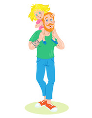 Strong father with a little cute daughter on his shoulders. In cartoon style. Isolated on white background. Flat vector illustration.
