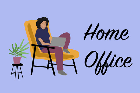 Home office work from home, illustration man sitting in armchair and working on computer vector stylish coworking example