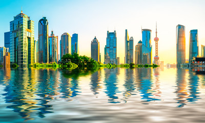 Shanghai city architectural landscape and water reflection in summer sunrise