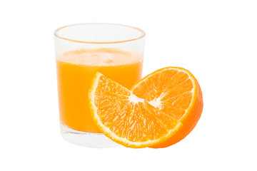 100% Orange juice and sliced fruits isolate on white background.