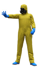 Man In Protective Suit Raises Hand To Stop People (3-D-Illustration)
