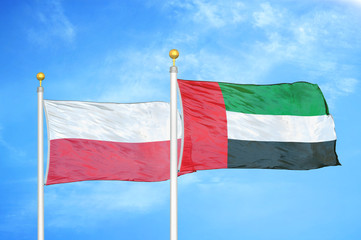 Poland and United Arab Emirates two flags on flagpoles and blue cloudy sky