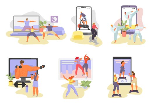 Online sport tutorial vector illustrations. Cartoon woman man characters in healthy sport activity using video lessons app on smartphone or computer, active people sporting set icons isolated on white