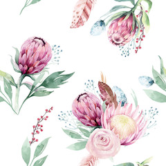 Watercolor protea seamless pattern. tropical leaves background. Textile texture. Hand drawn illustration