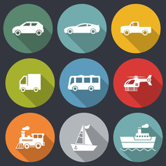 flat icons for car,truck,bus,helicopter,pickup truck,train,boat,ship,transportation,vector illustrations