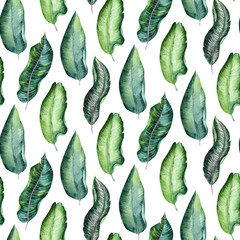 Seamless watercolor pattern of tropical leaves, dense jungle. Hand painted palm leaf. Texture with tropic summertime may be used as background, wrapping paper, textile or wallpaper design.