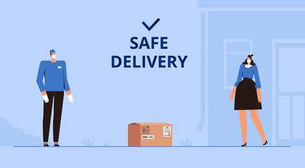 Courier in a medical mask delivers the package during quarantine. Safe Delivery Concept with Social Distance