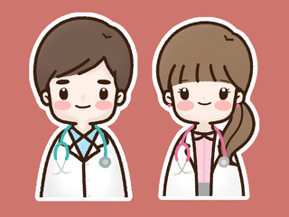 Young professional doctors cute cartoon drawing.