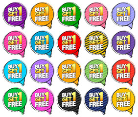 Set Buy 1 Get 1 Free tags, sale speech bubble banners design template, discount badge collection, app icons, vector illustration