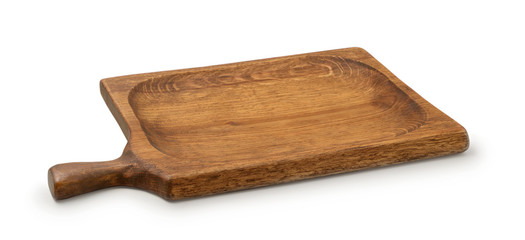 Old wooden cutting board isolated on white.