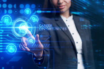 Business, Technology, Internet and network concept. Young businessman working on a virtual screen of the future and sees the inscription: Career opportunities