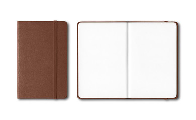Dark leather closed and open notebooks isolated on white