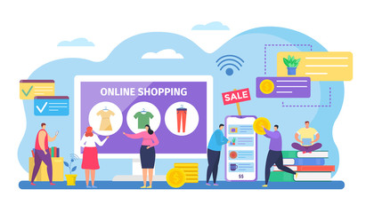 People shopping online vector illustration. Cartoon tiny shoppers characters buying clothes on internet sale in mobile shop app, flat buyers paying for purchases. Discount concept isolated on white
